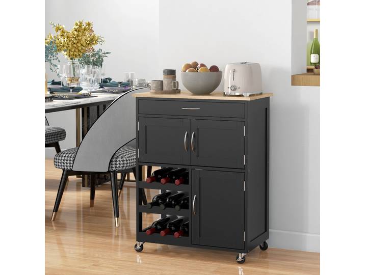 HOMCOM Chariot Cuisine Bois Noir Porte-bouteilles 67x37x87 cm