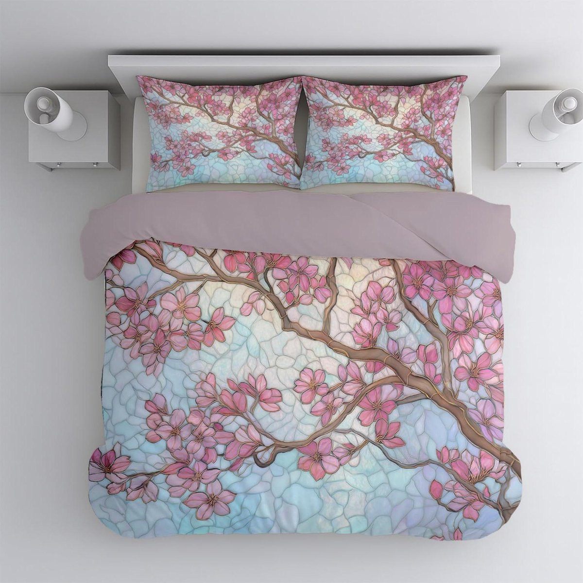Dekbedovertrek set met kersenbloesem motief in perzikroze, 135 x 200 cm