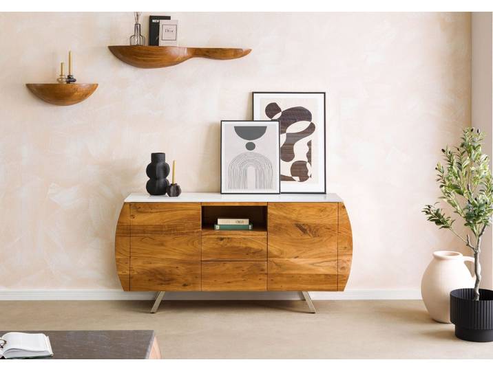 Sideboard Akazie 154x40x75 natur lackiert / Marmor weiß MONTREAL #126