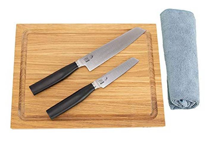 KAI Tim Mälzer Kamagata Messerset Officemesser (TMK-0700) +Allzweckmesser (TMK-0701) + KAI-Schneidebrett aus Eiche, 30x22 cm + Poliertuch VK: 199,- €