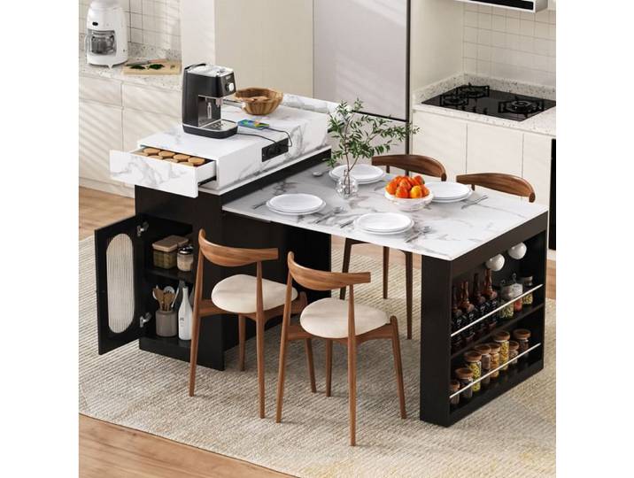 WOVREO îlot central extensible avec table rabattable prises intégrées rangements et porte vitrée noir
