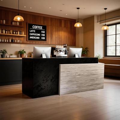 WESOME Modern Reception Desk with Black Stone & Travertine Finish Large Reception Counter for Office, Clinic, Lobby