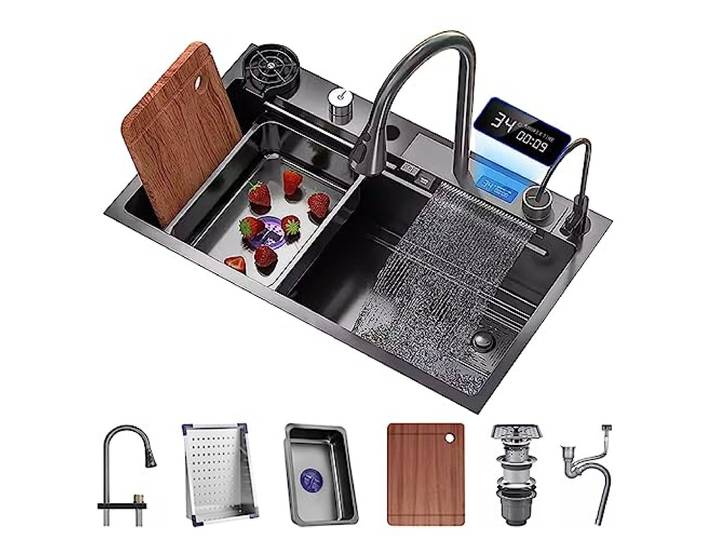 Edelstahl Wasserfall Waschbecken Mit Display Screen Single-Bowl Küchenspüle RV Waschbecken Mit Cup Washer Wasserfall Pull-Down Wasserhahn Und Komplettes Zubehör Set (Color : Schwarz, S : 75x45x22cm