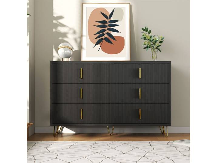 Commode Elégante avec 6 Tiroirs Buffet Salon Moderne et Minimalist Poignées Dorées Noir 120x40x77cm