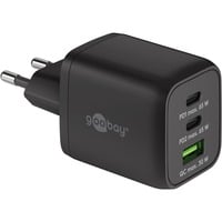 USB-C Schnellladegerät Nano, PD, GaN, 65 Watt, USB-C Textilkabel schwarz, 1x USB-A, 2x USB-C PD, Quick Charge 3.0, 1 Meter Kabel