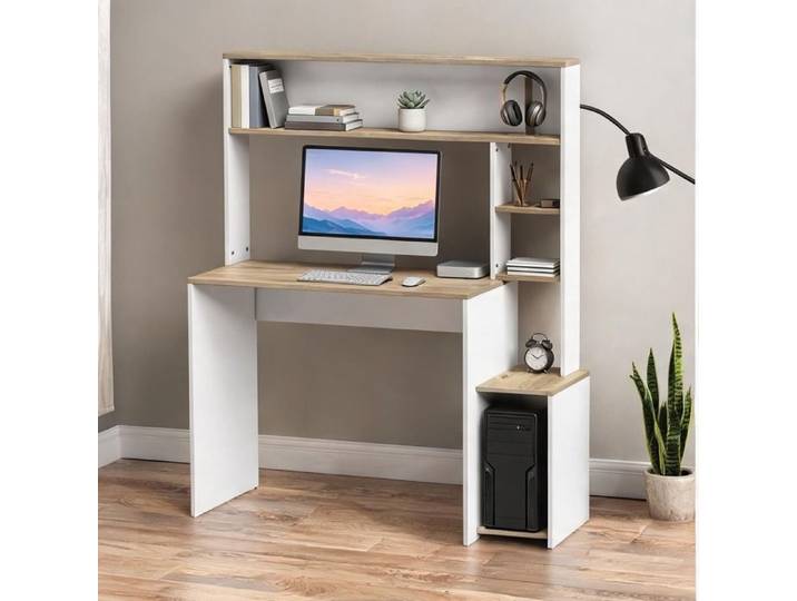 Blanc et bois naturel Office Desks with 44.9 x 17.7 x 54.3 in and Blanc Panneaux De Particules