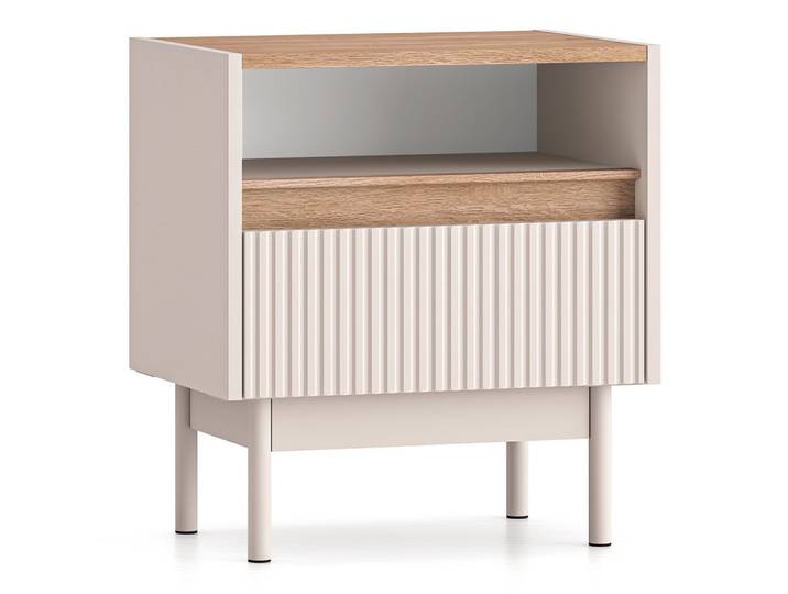 Lomadox Nachttisch DINAR-131, kaschmir matt Eiche Dekor modern 50 cm breit Metallfüße grifflos