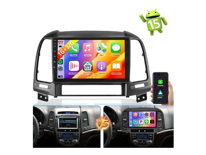 ESSGOO DAB+ Android 15 GPS Navi Android Auto Für Hyundai Santa 2006-2012 Autoradio (RDS, 4+64GB(optional), Digitalradio (DAB), AM, Carplay Android Auto Bluetooth EQ USB GPS Navi WIFI Touchscreen)