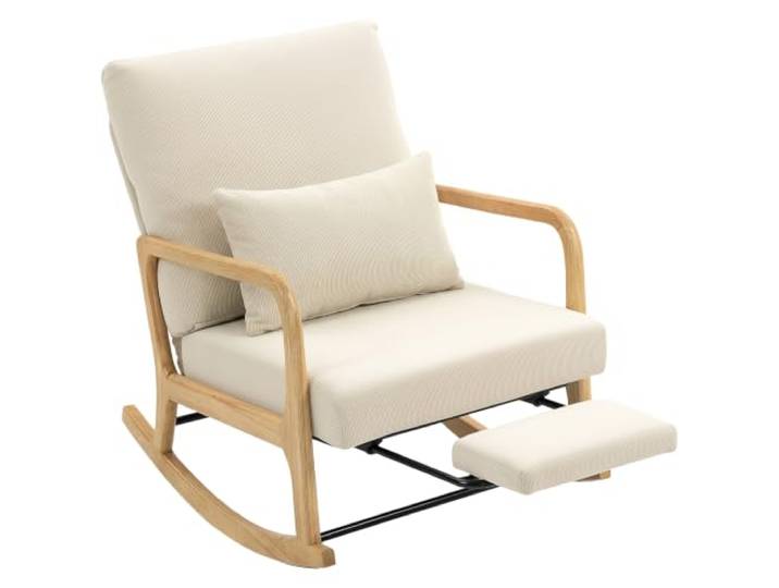 HOMCOM Schaukelstuhl mit Fußstütze, Verstellbarer Rückenlehne, Creme Schaukelsessel, Lendenkissen, Relaxstuhl mit Holzfüßen, Cord-Optik, Skandinavischer Schwingsessel, Wohnzimmer, Schlafzimmer