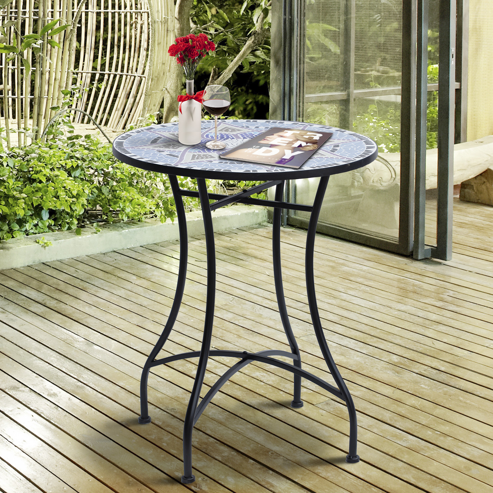 Outsunny tavolino giardino, tavolino giardino ceramica, tavolino , tavolino giardino , tavolino esterno Black, Blue and White Φ60x71 cm