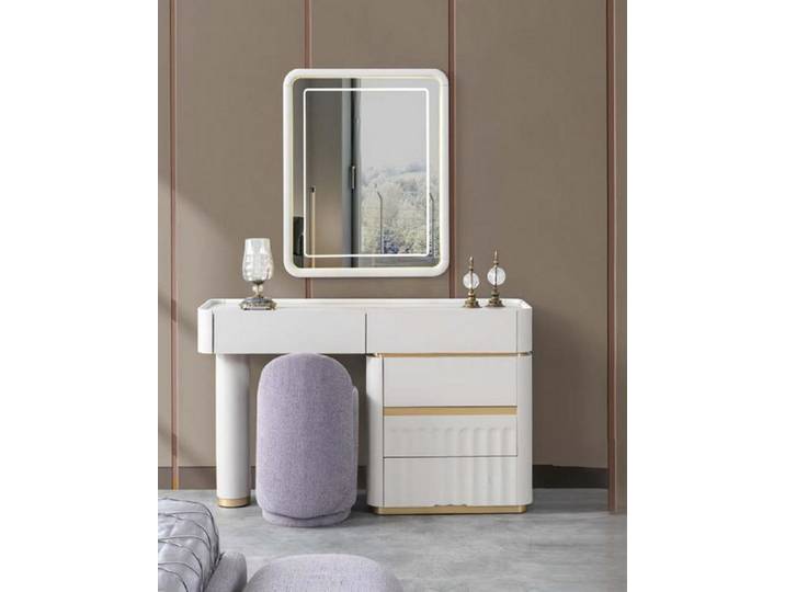 JVmoebel Schminktisch Eleganter Schminktisch mit Spiegel in Weiß und Lila (3-St., Schminktisch + Spiegel + Pouf), Made in Europa