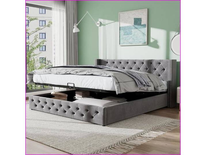 Beds Frames & Bases - Lit Chesterfield Velours Gris avec Rangement Hydraulique - 160x200 cm
