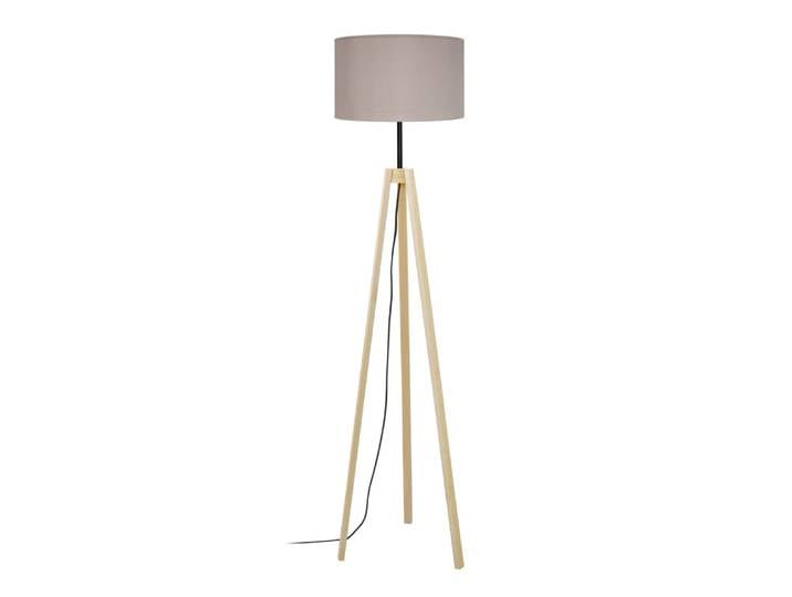 Lampadaire trepied bois naturel abat-jour tissu taupe