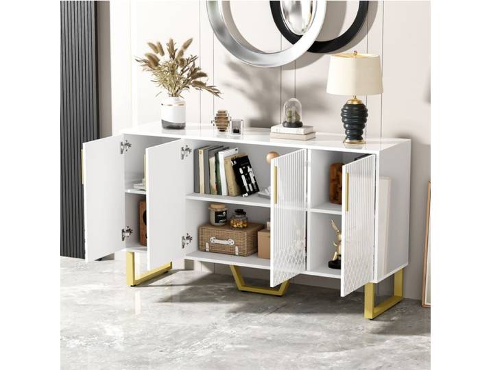 meuble rangement buffet 140 40 80 cm blanc brillant MDF design geometrie moderne EVRYAE
