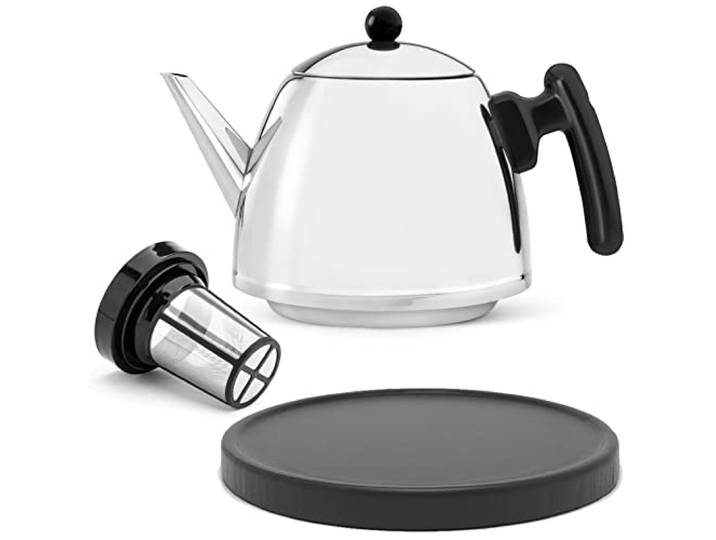 Bredemeijer Teekanne Set 1.2 Liter - Edelstahl doppelwandig silber glänzend - Kleiner klassischer Teebereiter mit Tee-Filter-Sieb-Aufsatz für losen Tee - inkl. Holz-Untersetzer schwarz
