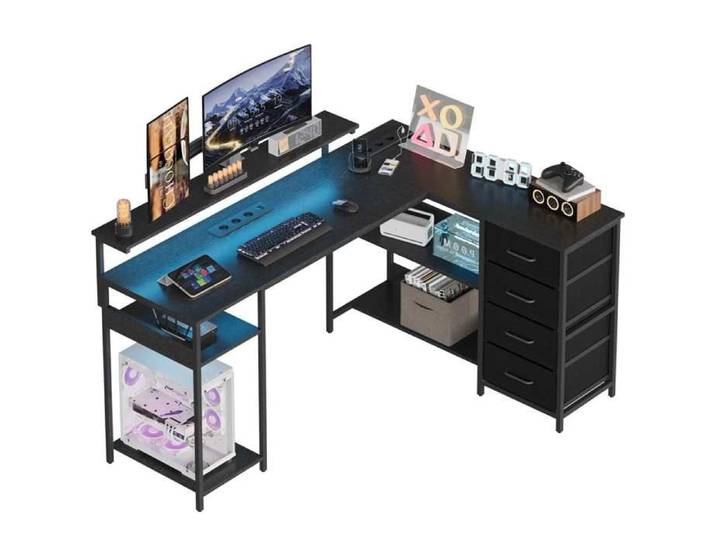 Bureau Gamer L Noir Support Moniteur 4 Tiroirs Étagères Prise Intégrée Tapis Antidérapant