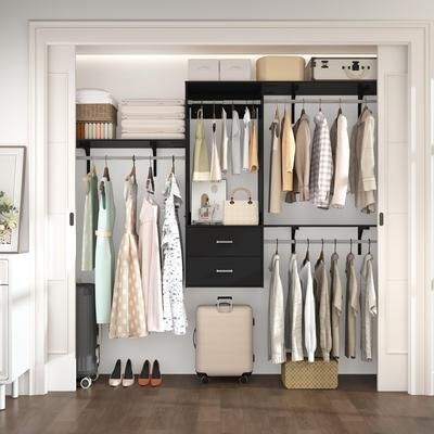Rackcog 96'' Hanging Closet System with 3 Hanging Rod ＆ 3 Shelving Towers ＆ 2 Drawers,8FT Walk in Closet Organizer System