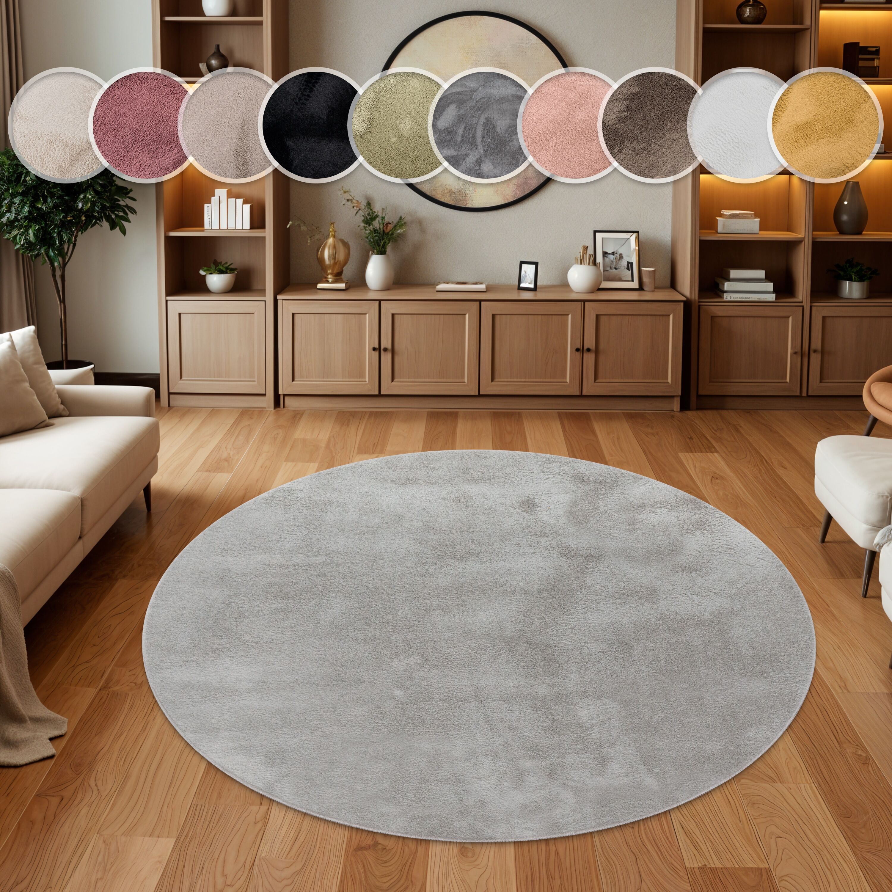 Fellteppich PACO HOME "Kunstfell Soft 380", grau, H:14mm Ø:160cm, Polyester, Teppiche, Fellteppich, Langflor, Kuschelteppich - besonders weich, Uni-Farben grau Ø 160cm 1 Stk., 14mm, Ø 160cm