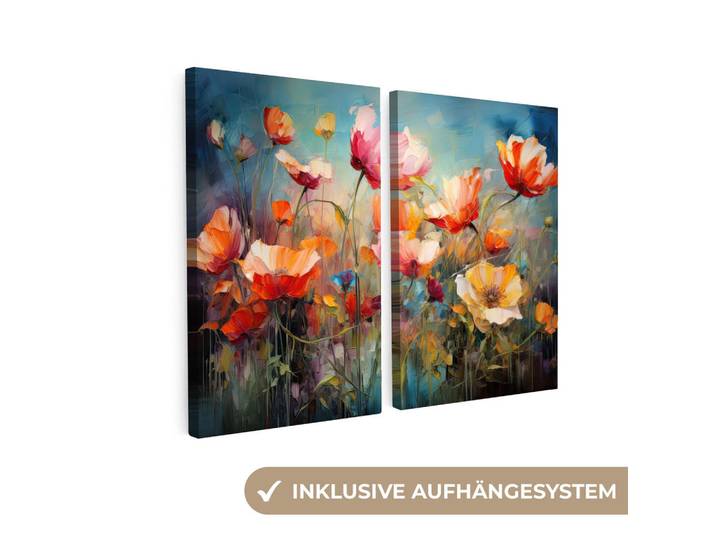 MuchoWow Leinwandbild - 2er Set - Blumen - Bunt - Abstrakt - 80x60, Blaugrau, Textil, Kiefer, Rechteckig, 80x60 cm, Keilrahmen, Bilder & Rahmen, Bilder, Wandbilder