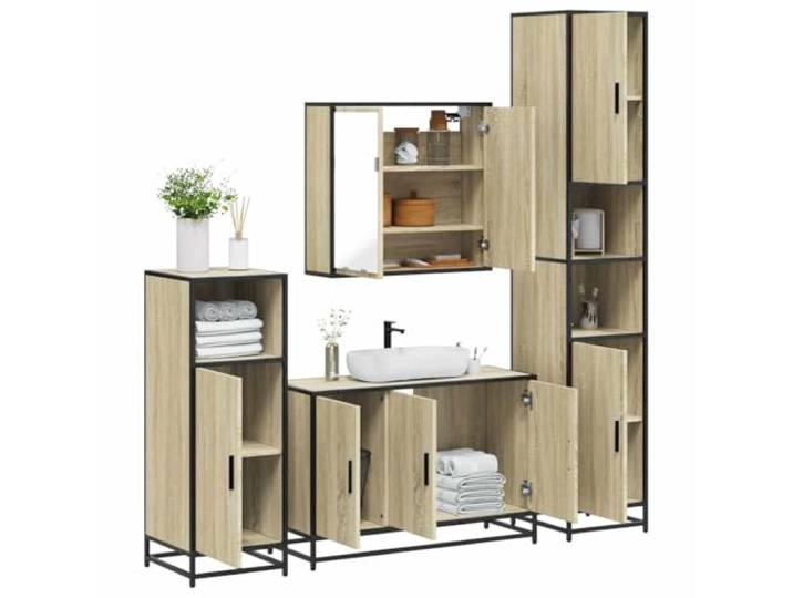 ZQQLVOO 4-TLG. Badmöbel-Set Sonoma-Eiche Holzwerkstoff Badschrank-Set, Wandmontage, Spiegel, Lowboard, Unterschrank, Sonoma-Eiche, Holzwerkstoff, Metallgestell