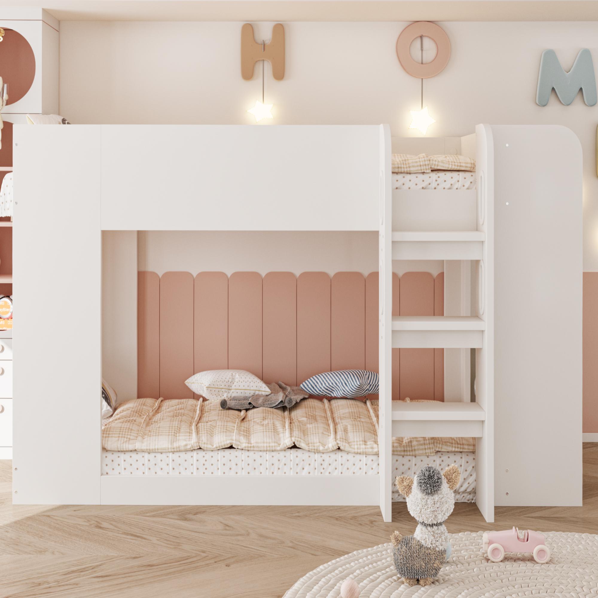 MODFU Etagenbett Kinder 90 × 200 Hochbett Kinderbett mit Sicherheitsgitter und Sicherheitsleiter,Jugendbett mit Ablagefächern,ohne Matratze, Weiß