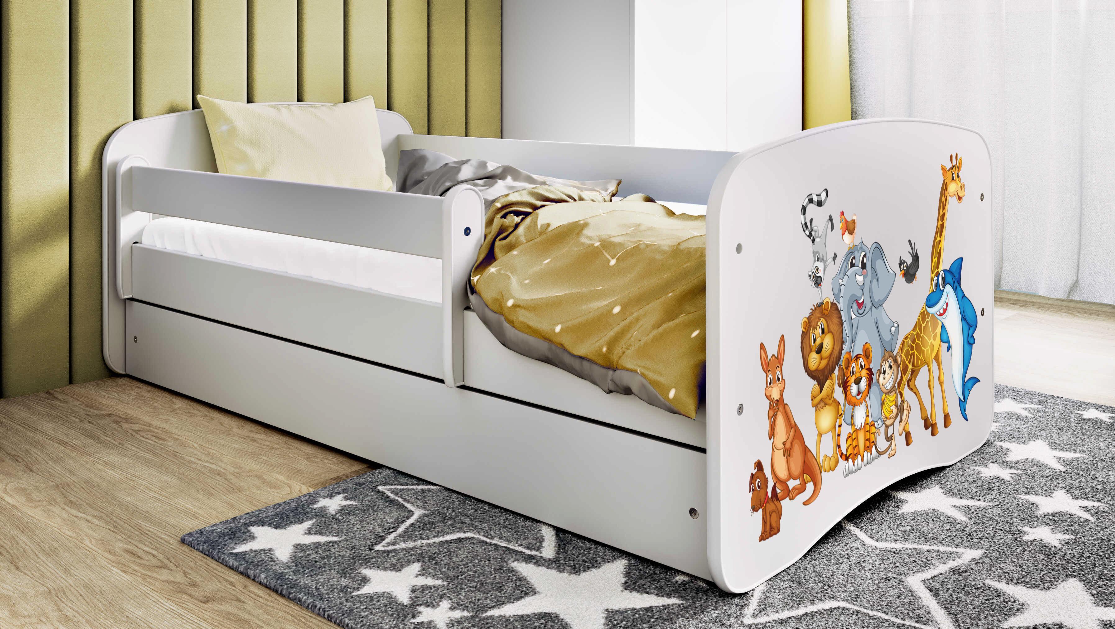Kinderbett Jugendbett Tiere 70x140, 80x160, 80x180 cm - Komplettset mit Schublade & Rausfallschutz