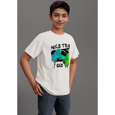 T-Shirt KIDSWORLD "Gamer-Druck: NICE TRY", Jungen, Gr. 164/170, weiß, Single Jersey, Obermaterial: 100% Baumwolle, bedruckt, Basic, Rundhals, Shirts T-Shirt, cooler Gamer-Print
