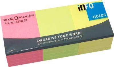 INFO Haftnotizen Brillant, 50 mm x 40 mm, 12 x 80 Blatt, gelb, orange, grün