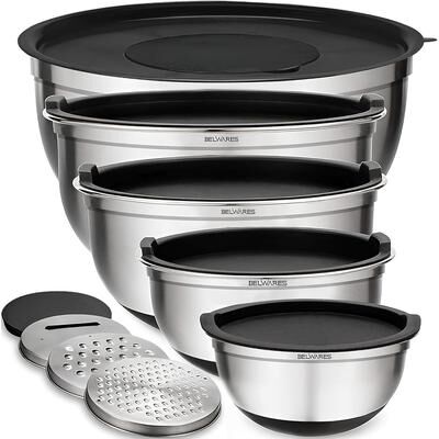 Belwares 5-Piece Mixing Bowl Set - Stainless Steel Nesting Bowls with Lids and Graters - Non-Slip Base (Black)