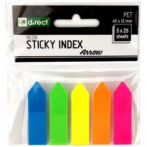 D.RECT Haftmarker 800083 Sticky Index, transparent, Folie, beschriftbar, 5 x 25 Pfeile, Neonfarben