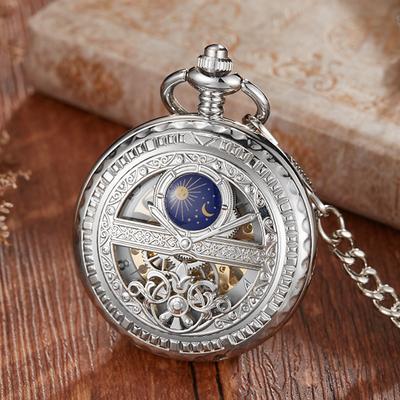 Youfap Market Carved Stars & Moon Phases Semi Automatic Mechanical Pocket Watch, Hollowed Dial For Students silver