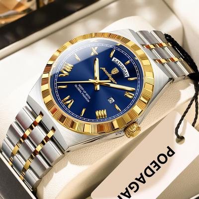 Youfap Market Quartz Business Watches For Men, Luxury Fashion Man Wristwatch, Waterproof Luminous Stainless Steel Clock gold Blue