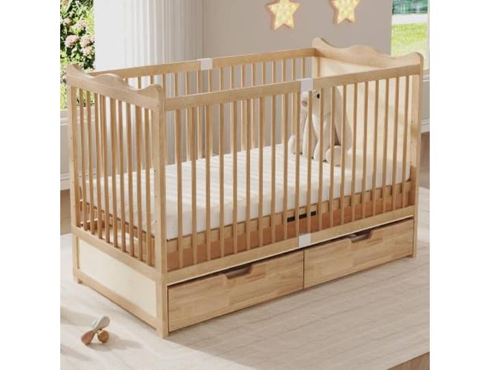 QQJIN Babybett Holz Massiv Kiefer Natur 140x70cm mit Schubladen Gitterbett Mit 4-Fach Höhenverstellung Wellenlinien Design Baby Cot Baby Bed