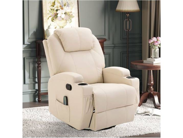 Maisentiel Fauteuil relax électrique massant simili cuir blanc cassé inclinable 165° pivotant 360°