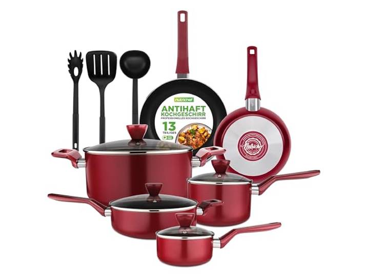 NutriChef Pfannenset & Topfset 13-teilig – Antihaft Kochtopf Set mit durchsichtigen Deckeln – Set für Gas-, Elektro- & Keramikherd – Aluminium Pfannen Set in Rot – für Professionelle & Hobby Köche