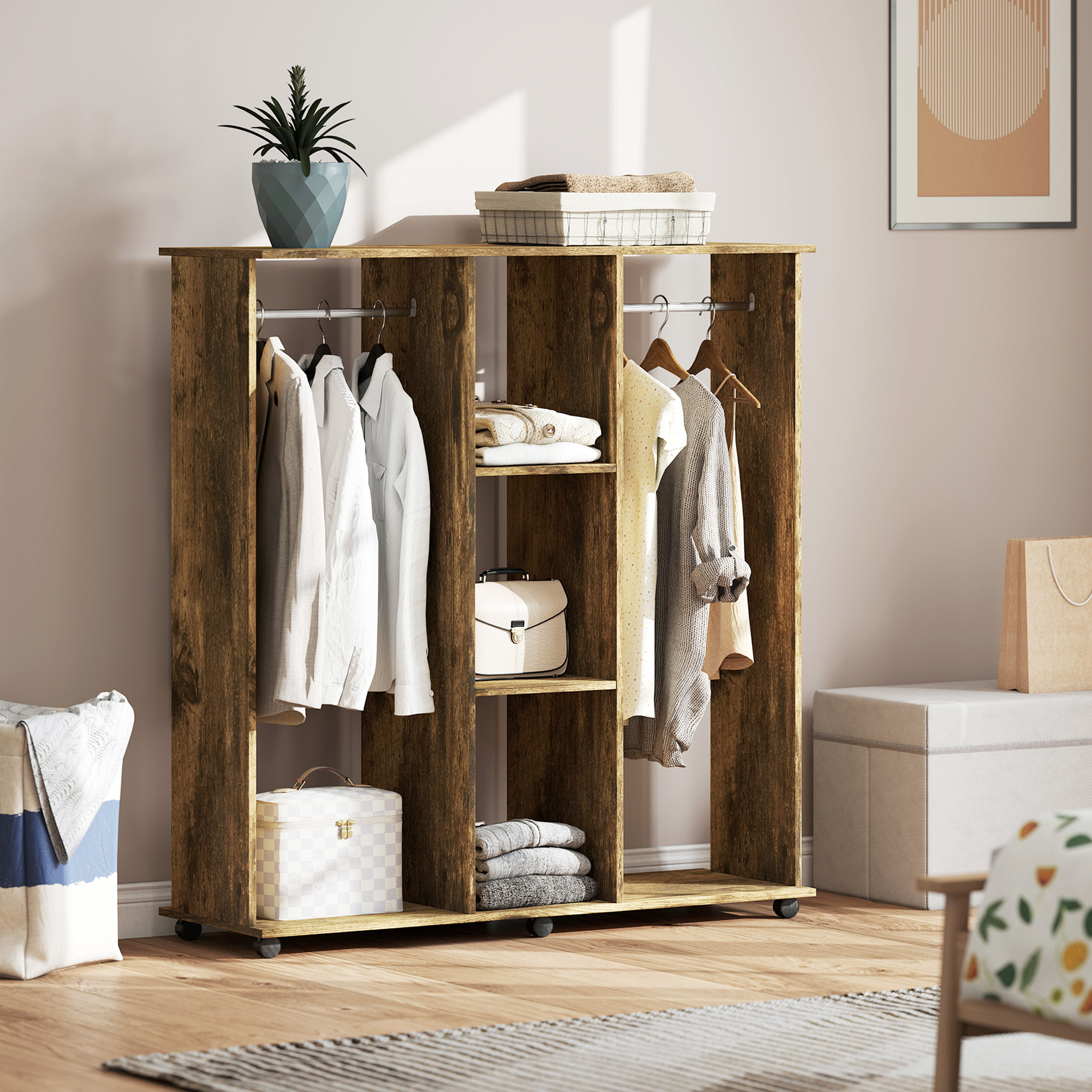 Homcom Stand Appendiabiti con 6 Ruote, Appendiabiti da Terra con 5 Ripiani e 2 Aste per Vestiti, Guardaroba Porta Abiti in Legno e Alluminio, per Camera da Letto Soggiorno Corridoio Ingresso, Marrone   Aosom Italy