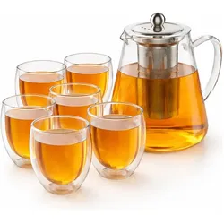 Arendo, Teekanne, Teekanne 1,2 l mit Edelstahl-Teesieb + 6 Thermogläser 350 ml ohne Henkel, Borosilikatglas (1.20 l)