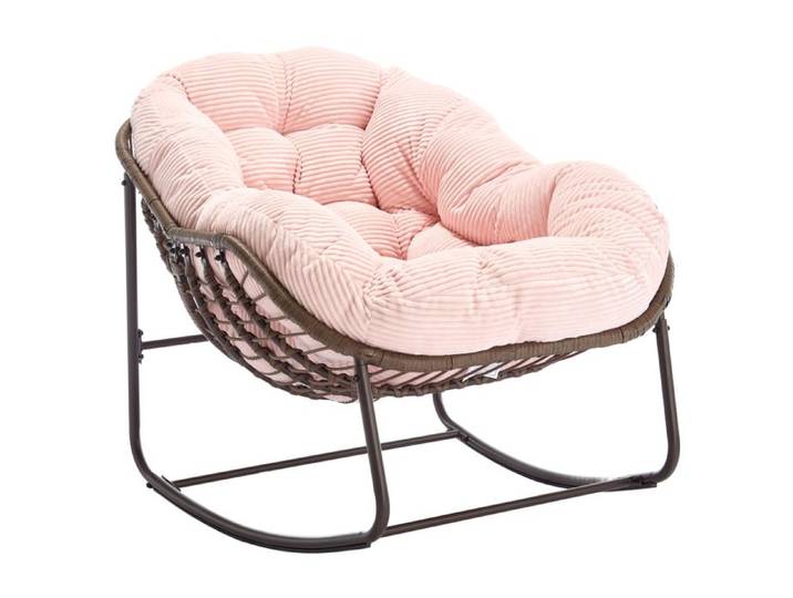 WUVRIE Fauteuil à bascule en rotin synthétique coussin rembourré structure en acier rose 78x106x90 cm