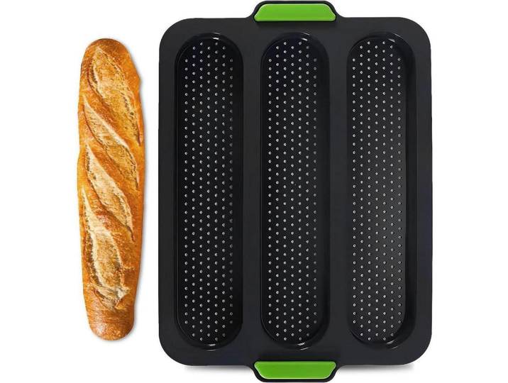 Baguette-Backblech 3-fach perforiert antihaftbeschichtet grau, Grau, Kunststoff, 23x3x34 cm, Backen & Backzubehör, Backformen, Kastenformen