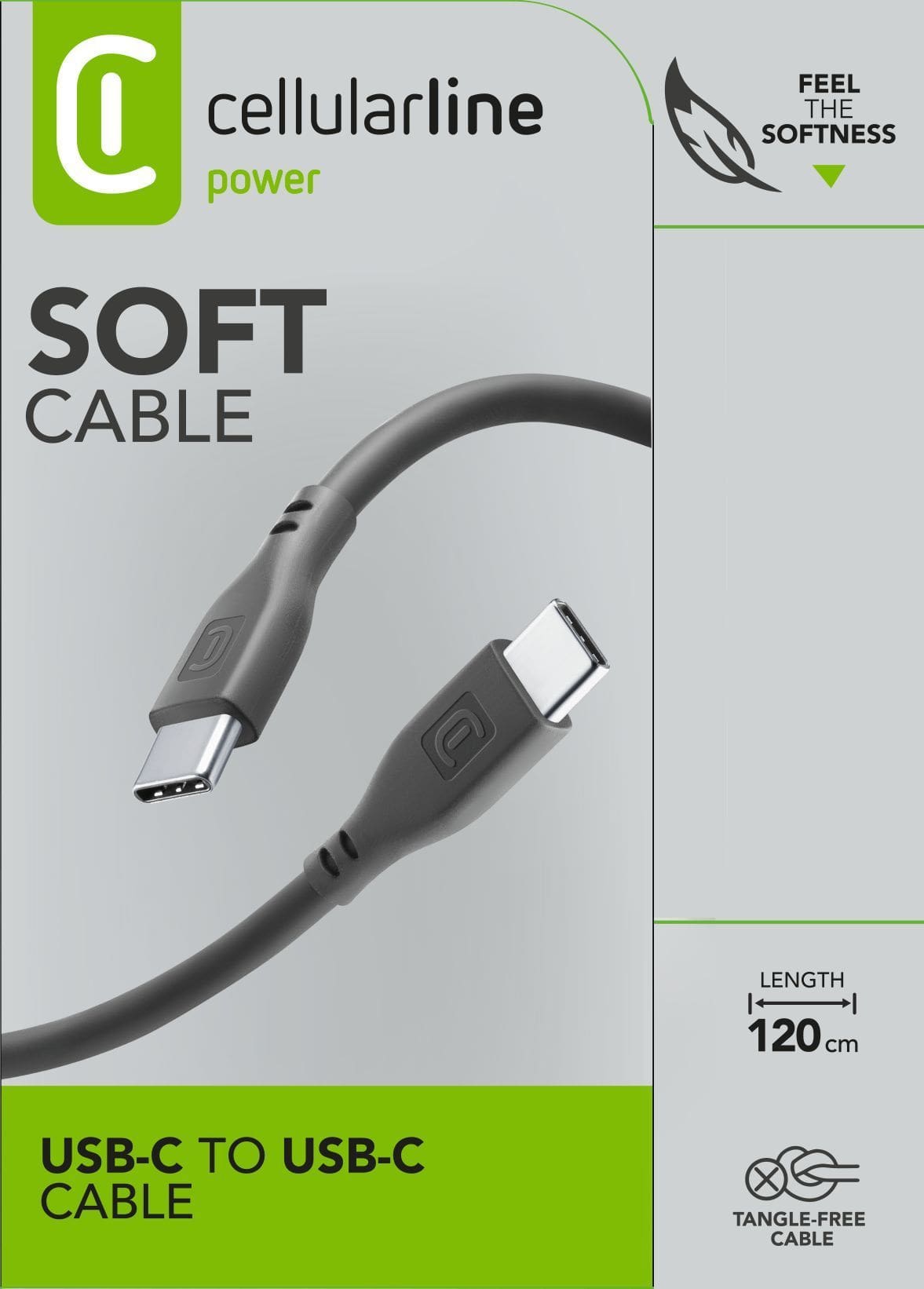 Cellular Line Stecker USB C auf USB C bis 60 W 1,2 m Soft Cable (Schwarz) USBDATASOFTC2CK
