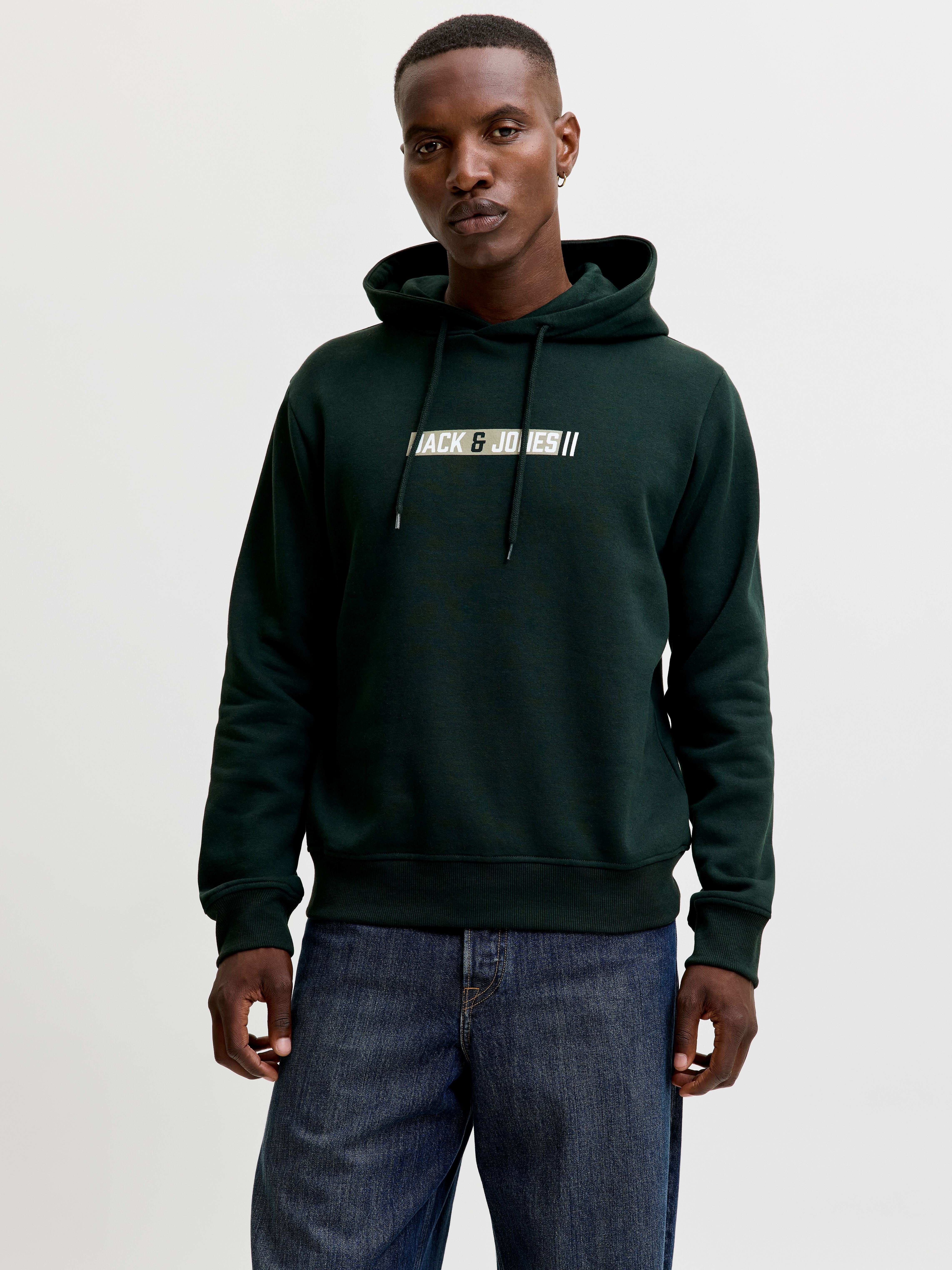 Kapuzensweatshirt JACK & JONES "JJMUNK SWEAT HOOD", Herren, Gr. XXL, scarab, angeraute Sweatware, Obermaterial: 65% Polyester, 35% Baumwolle, bedruckt, regular fit normal, Rundhals, Rippbündchen, Sweatshirts Kapuzensweatshirt, Materialmix, regular fit sca