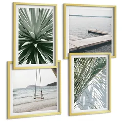 BILDER SET 4er Set - 50x50 cm & 40x60 cm Goldrahmen - Hängebrücke aus Palmenblättern