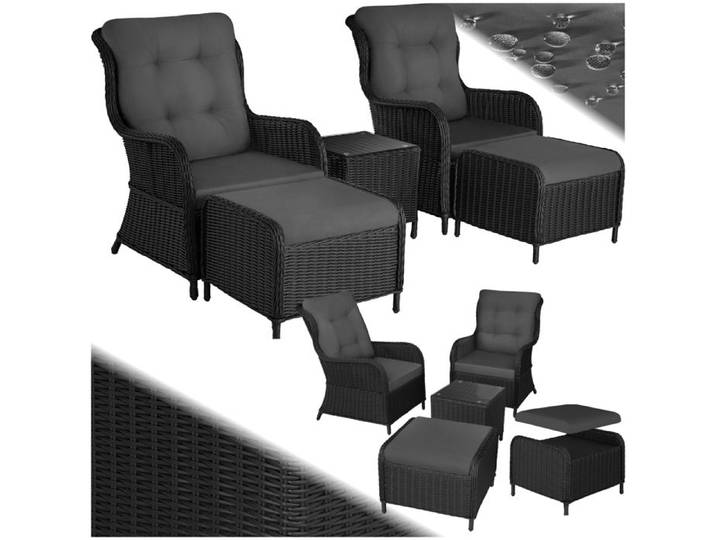 Salon de jardin - TECTAKE - Ensemble de fauteuils bain de soleil BENISSA amovibles pour 2 à 4 personnes avec table - Noir/Gris