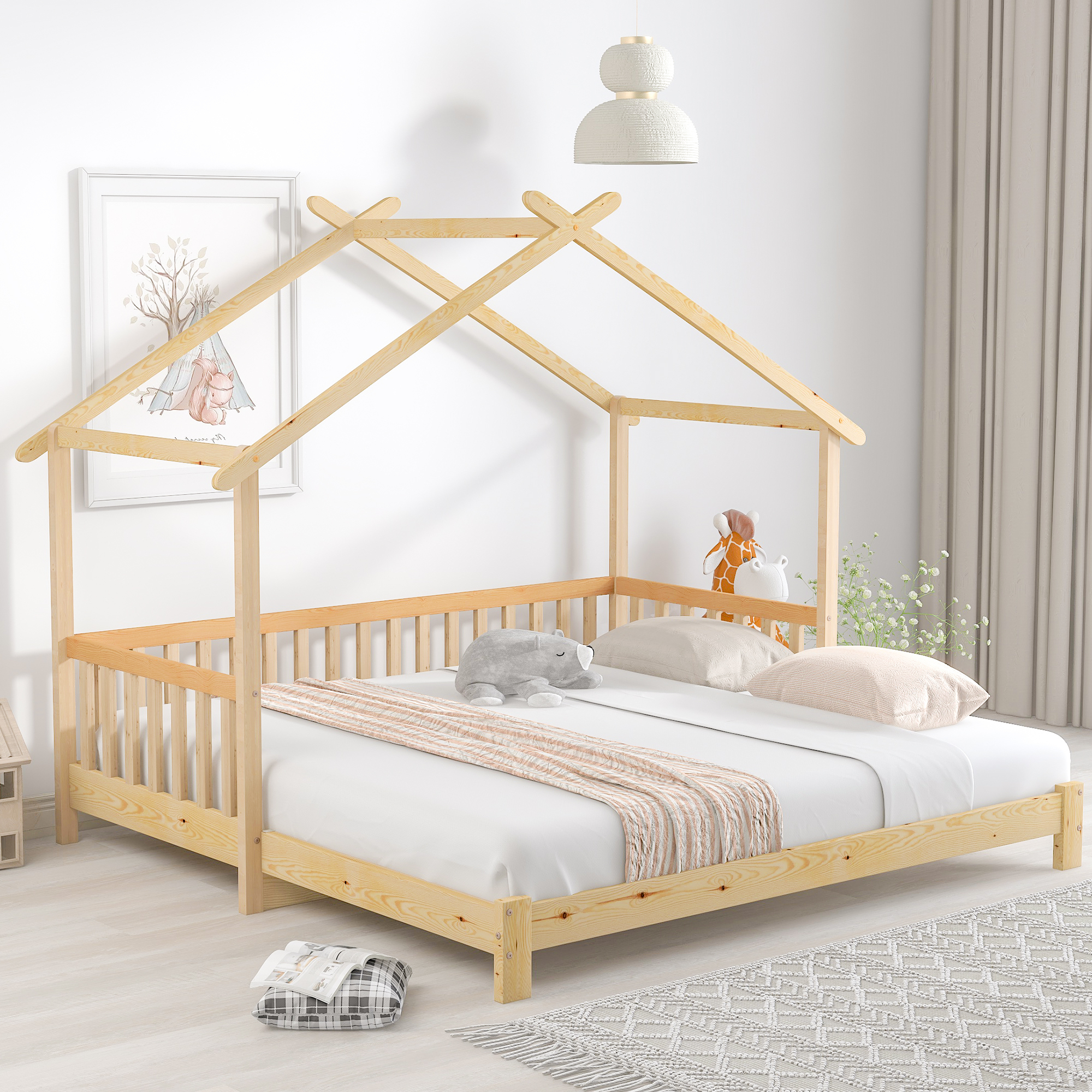 okwish Kinderbett 90 x 200 Holzbett für Kinderzimmer,erweiterbares Baumhausbett,Hausbett,Kinderbett,Chaiselongue,Einzelbett,Doppelbett,reines Massivholz(mit Matratze)