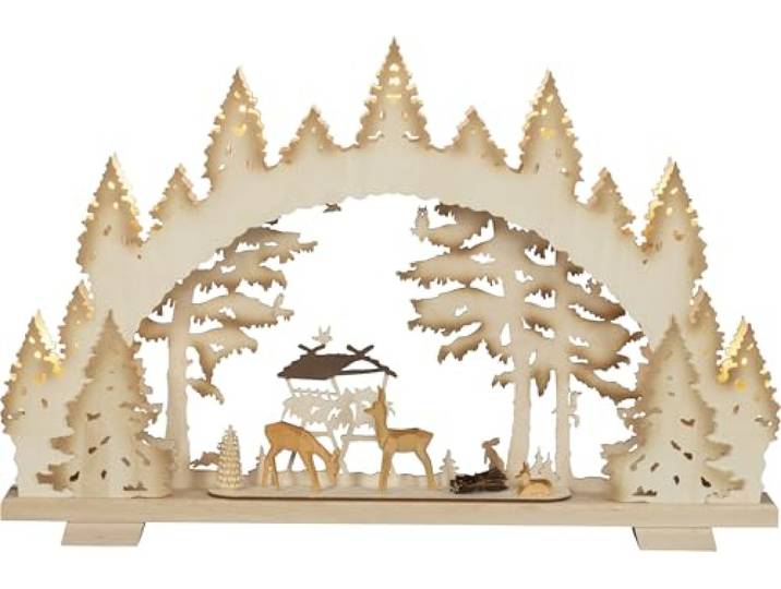 SAICO Premium-Line-Lichterbogen Futterkrippe mit geschnitzten Rehen und farbigen Akzenten - 7-flammige Premium LED-Beleuchtung - warmweiß - Made in Germany