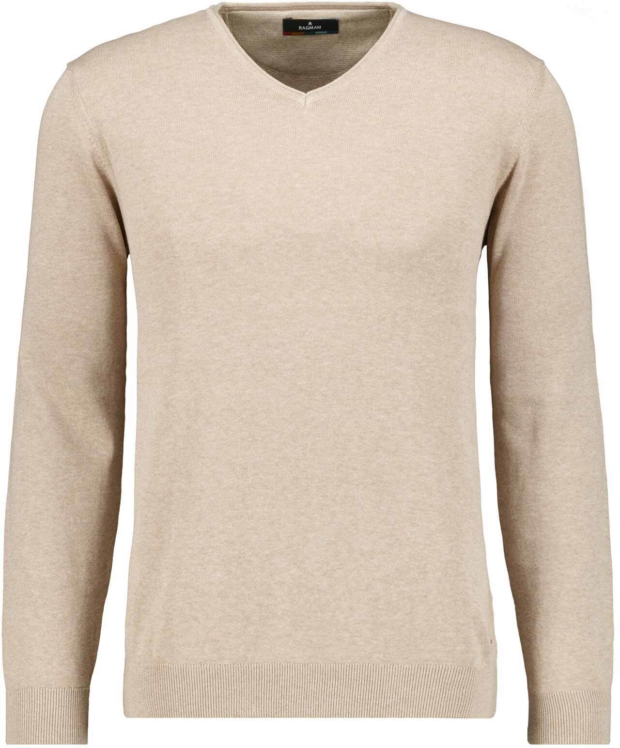 V-Ausschnitt-Pullover RAGMAN, Herren, Gr. 54, beige (sand melange, 869), Strick, 100% Baumwolle, Pullover V-Ausschnitt-Pullover sand melange, 869 54