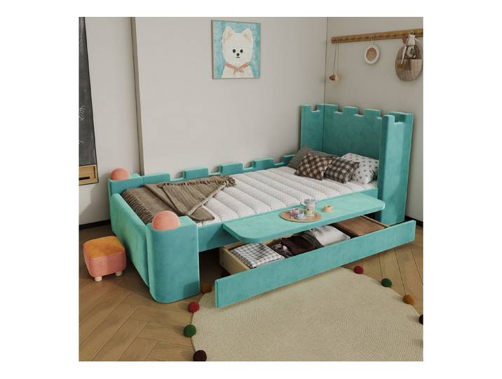 STILVORA Polsterbett 90×200 mit Matratze und Stauraum Doppelbett Kindebett, Samt (Designbett, Burgstil, Klappablage, Schublade, Französischer Samt, weich gepolstert, Antikollisionsschutz, stabil), Für Kinderzimmer, Jugendzimmer, Familienzimmer