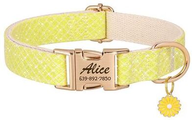 Uplift Picks Bling Nylon Custom Dog Collar Engraved Flower ID Buckle yellow m