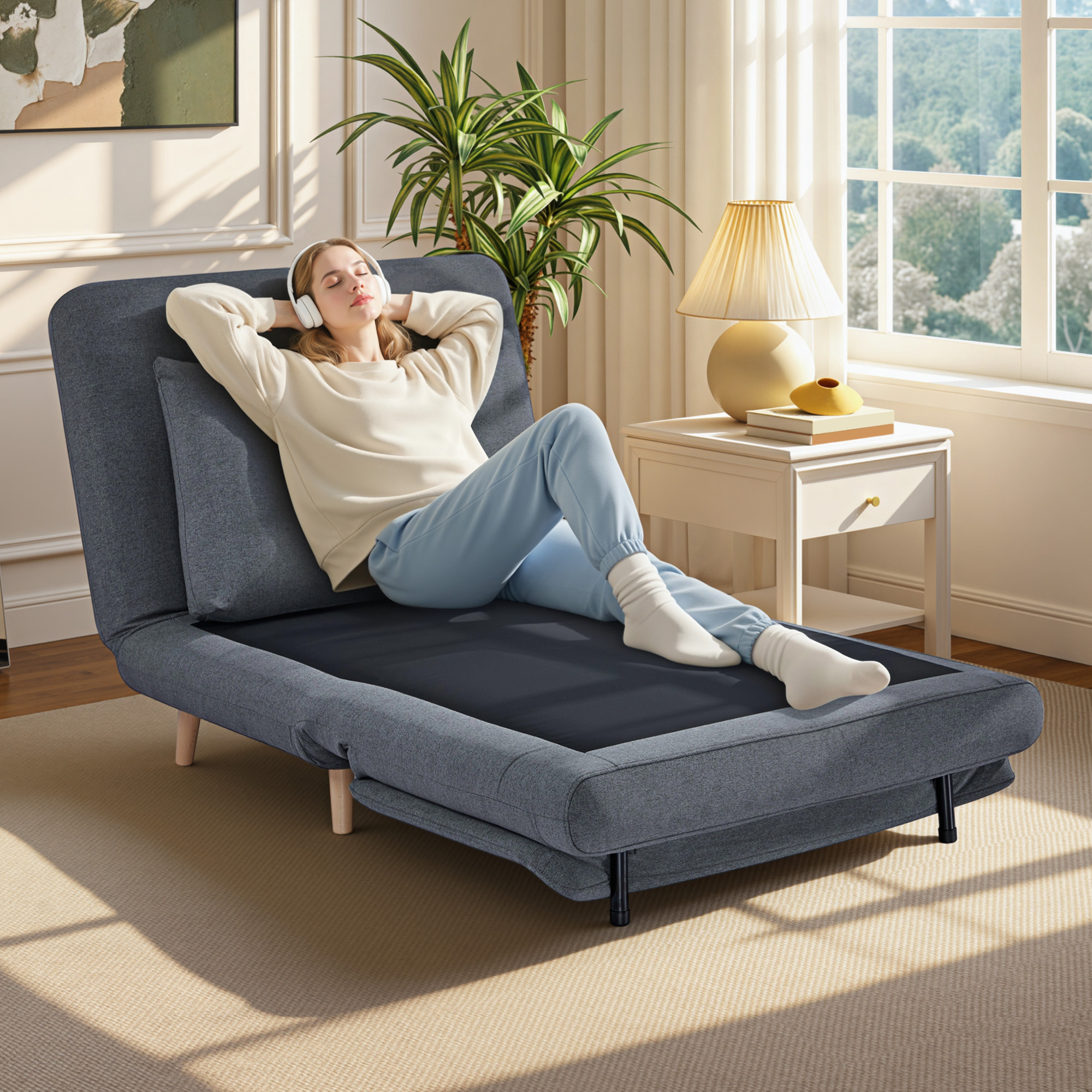 Homcom Poltrona letto 3-in-1 con funzione letto, chaise longue, schienale regolabile, gambe in faggio, cuscino, Grigio   Aosom Italy