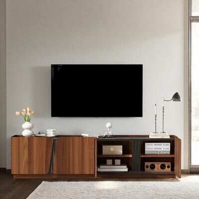 "74.8"" Modern Storage Cabinet with Rounded Corners, Marble Contrast Top, and Adjustable Interior Shelves for Living Room"